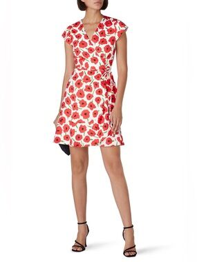 Slate & Willow White Mini Printed Short Sleeve Wrap Dress Red Poppy Medium